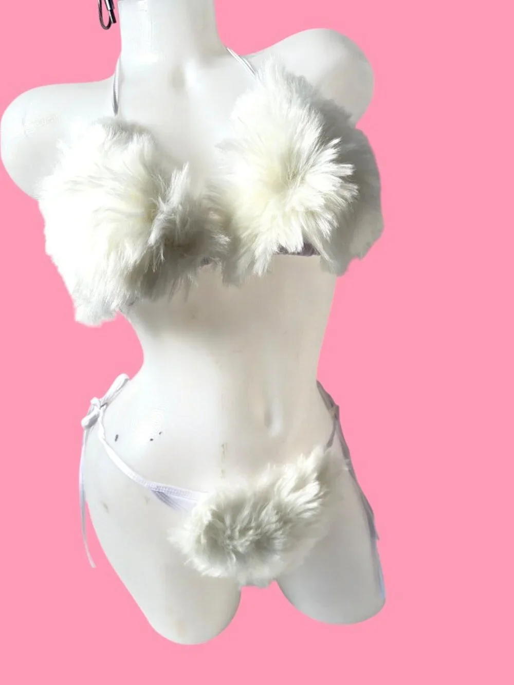 White Rave Faux Fur Two Piece Bikini Size OS